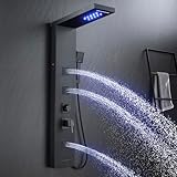 MENATT 5 in 1 Stainless Steel Shower Panel Black Tower System with LED Lights, Rainfall Waterfall Shower Head, Multi Function Shower System with Body Jets and Bath Tub Spout, Matte Black