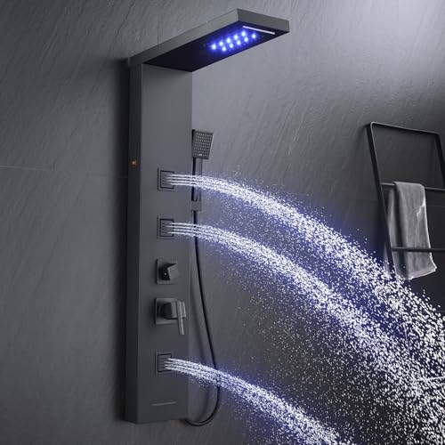 MENATT 5 in 1 Stainless Steel Shower Panel Black Tower System with LED Lights, Rainfall Waterfall Shower Head, Multi Function Shower System with Body Jets and Bath Tub Spout, Matte Black