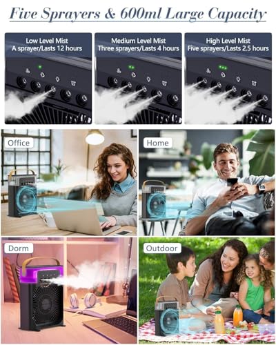 Image of DRUMSTONE (Luxurious 5 Year Warranty) Portable Mini Air Conditioner Fan with Evaporative Cooling & Cool Mist Humidifier, 7-Color LED Night Light Personal Air Cooler for Room, Office, Bedroom & Desk