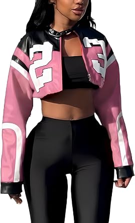 Womens Faux Leather Cropped Motorcycle Jacket Y2K Letter Bomber Jacket Streetwear Style