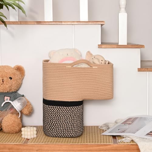 Image of Woven Stair Basket, Stair Baskets for Wooden Stairs, Carpeted Stairs Storage Basket with Handles, Staircase Baskets for Toys, Books, Black, 15 inch L x 10 inch W x 15 inch H