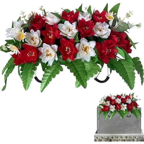 Tombstone Flowers - Outdoor Grave Decorations, Cemetery Flowers for a Grave to Be Placed on a Tombstone, The Cemetery Flowers for Grave Saddle Are Composed of Artificial Red and White Peony Bouquets Cover