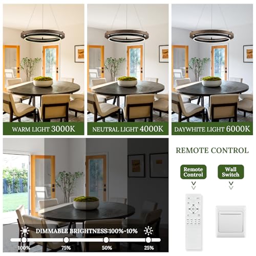 Image of LED 2 Ring Chandelier Dimmable Up Down Light Black Walnut Wood