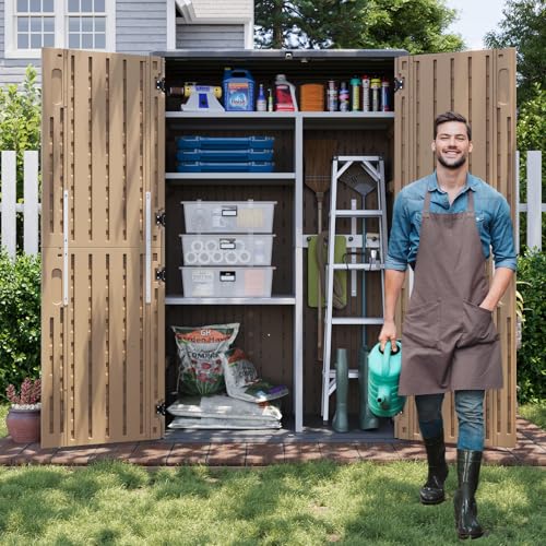 Aoxun Outdoor Storage Shed with Floor, 64 Cu.Ft Large Outdoor Storage Cabinet, Waterproof Vertical Resin Shed for Garden Tools, Pool Equipment, Brown - Image 5