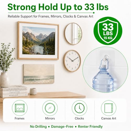 Image of 15Pcs Picture Hangers Without Nails, Heavy Duty Adhesive Wall Hooks 33 lbs, No Drill Damage-Free Hanging Strips for Picture Frames, Photos & Canvas, Bathroom, Kitchen, Apartment,Transparent