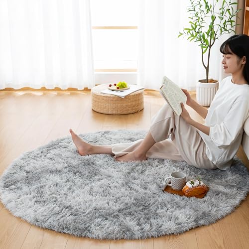 Softime カーペット ラグ 円形 ラグマット シャギーラグ 直径120cm 洗える 滑り止め付き オールシーズン 絨毯 地毯 抗菌 防臭 防ダニ ふわっと手触り リビングマット 床暖房 ホットカーペット対応 ライトグレー