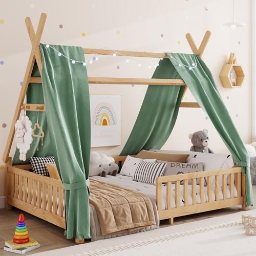 MoproBeti Montessori Bed Full Size with Light and Slats, Wood Teepee Floor Bed for Kids Boys Girls,House Bed Frame with Rails & Roof,No Box Spring Needed, Natural
