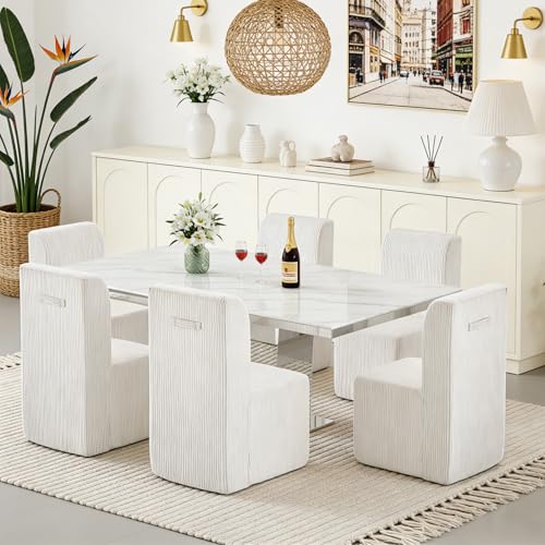 Image of 7-Piece Extendable Dining Table Set for 6, Modern 63 inch-94 inch White Marble Expandable Kitchen Table Set with 6 Furry Chairs, Large Extendable Dining Room Tables with Mirrored Columnar Base
