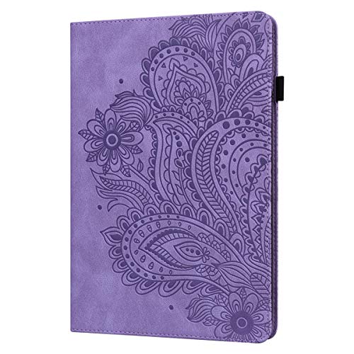 LMFULM® Hülle für Lenovo Tab E10 TB-X104F (10,1 Zoll) PU Lederhülle Smart Hülle mit Ständer Schutzhülle Flip Cover Präge Pfauenblumen Lila
