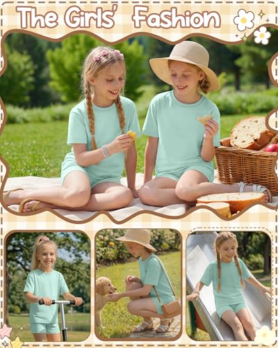 Image of Oakgarden Summer Outfits for Girls 5-14Y Athletic Casual Sets Kid Short Sleeve Shirt Bike Shorts 2 Piece Tween Trendy Clothes