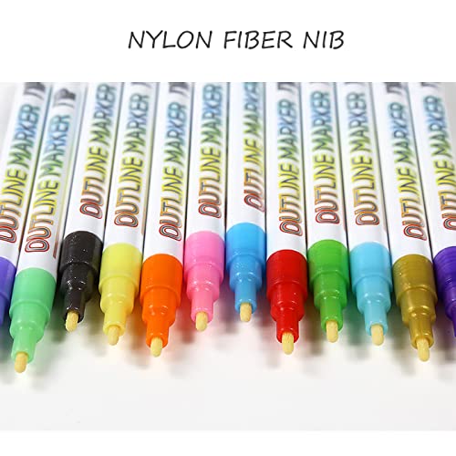 Outline Markers Set 12 Color Art Paint Markers Double Line Marker Super Squiggles Markers 2Mm Paint Permanent Glitter Markers For Coloring,Drawing,Greeting Card,Posters,Art And Craft Painting Supplies #TOP5