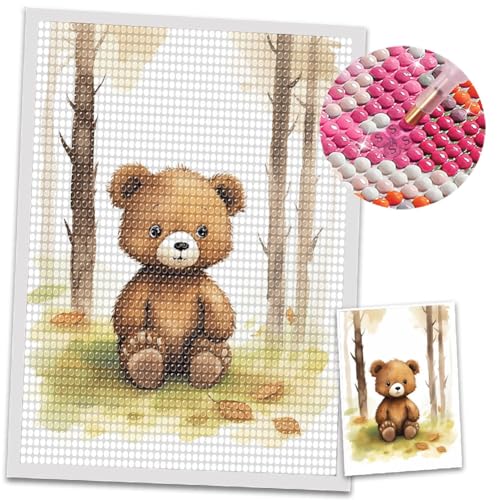 COGNOO Baby Room Diamond Art Painting,Woodland Diamond Art Painting,Artwork in The Forest,Cartoon Little Teddy is Sitting Around The Forest,in The Style of Soft watercolours,11.8x15.7 inch