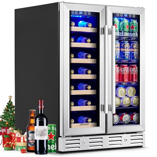 Kalamera 24 inch Wine Fridge Hold 21 Bottles and 75 Cans,Dual Zone Wine and Beverage Refrigerator,Built-In or Freestanding with Blue LED Light,for Home/Bar/Office