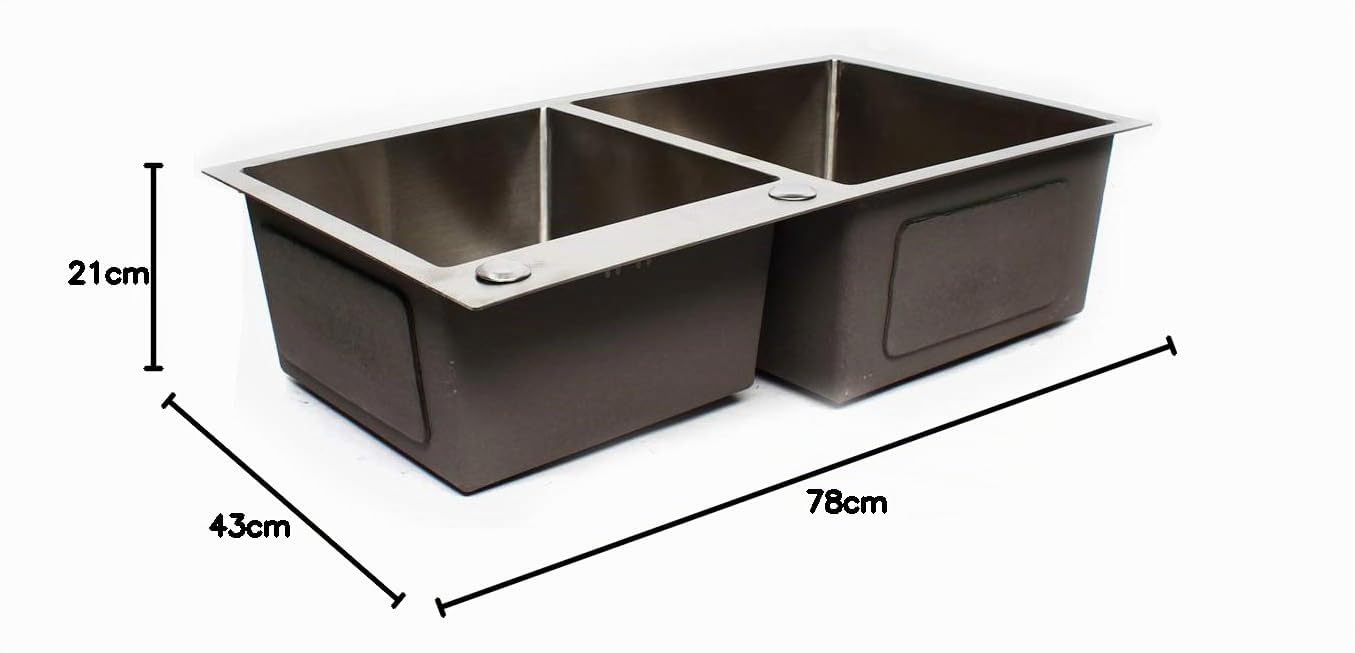 Lavello da cucina in acciaio inox, 2 vasche Lavandino cucina con sifone, set di scarico e scarico, 78 x 43 x 21 cm