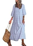 Dokotoo Maxi Dresses for Women Fashion 2024 V Neck Puff Sleeve Long Dresses Smocked Ruffle Flowy Boho Sundresses Casual Loose Plus Size Maxi Dress for Wedding Guest Blue XX-Large