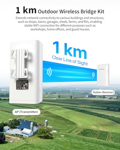 BrosTrend 5GHz 867Mbps WiFi Bridge Point to Point Outdoor, 1KM Wireless Internet Network Bridge Long Range Plug & Play, for PtP & PtMP, IP65, w/Passive PoE Injector, for Barn Farm Garage Building etc