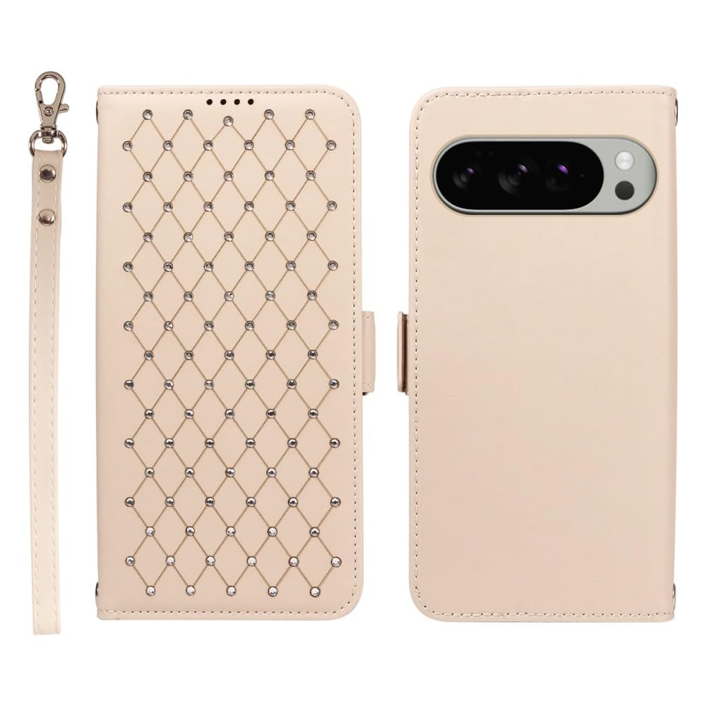 Coque Google Pixel 9 Pro 5G beige antichoc et portefeuille cuir