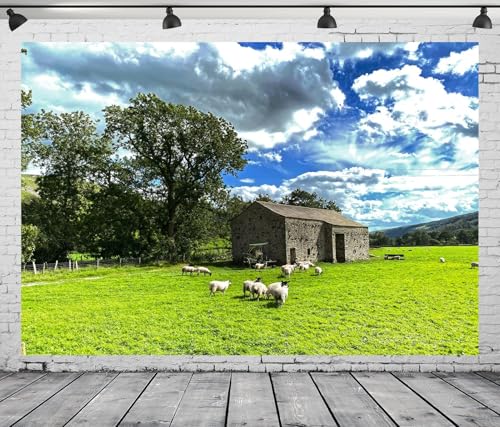 Fondo fotográfico rural 10x6.5 ft con ovejas y campo miniatura 3