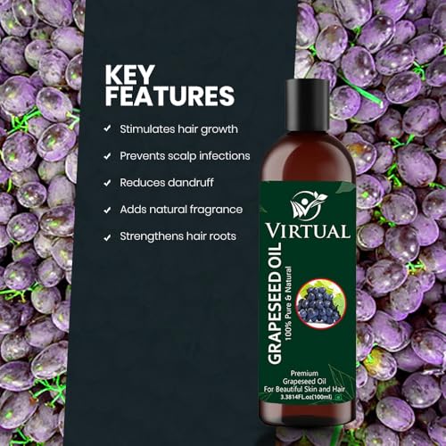 Image of VIRTUAL Organic Grape Seed Oil - 100% Pure, Cold-Pressed, Non-GMO Ideal for Hair Growth, Skin Tightening, Massage, Face Oil,Hair Care, Skin Moisturizer (100 ml)