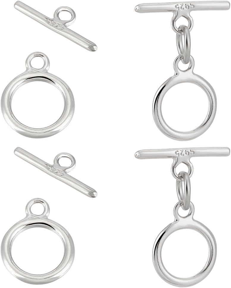 BENECREAT 4 Sets 925 Sterling Silver Round Toggle Clasp T-Bar Closure, 12.5x4x1mm Jewelry Findings Toggle Connectors for Necklace Bracelet and DIY Jewelry Making