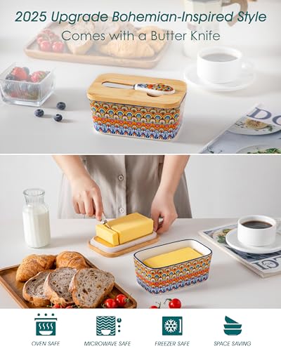 vancasso SIMI Butter Dish with Lid, 6.5" Large Butter Dish for Countertop, Bohemian Ceramic Butter Keeper Container with Knife and Bamboo Lid, Butter Holder for Counter, Regal Bloom — view 4