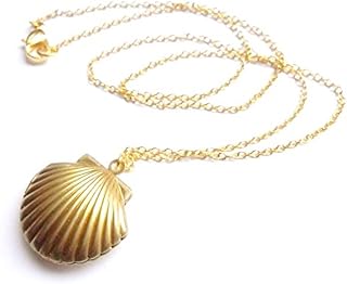 Ahier Sea Shell Locket Necklace - Gold Tone Brass Beach Mermaid Charm, Nautical Jewelry Gift, 24" Chain
