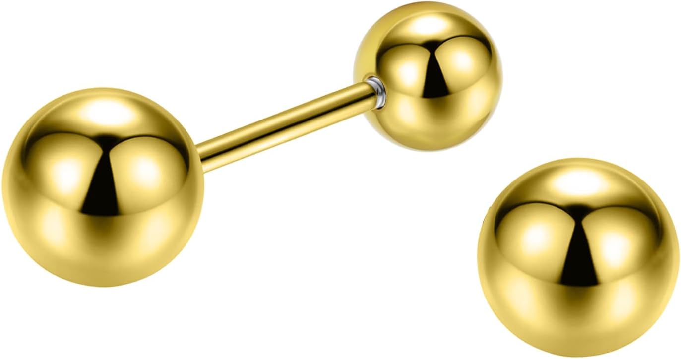 14K Yellow Gold Ball Stud Earrings for Women & Men, Earrings with Secure Screw on Backs, 3mm
