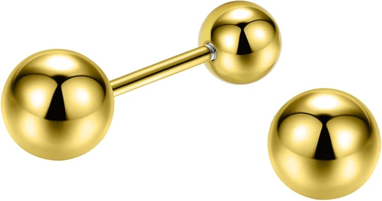 14K Yellow Gold Ball Stud Earrings for Women & Men, Earrings with Secure Screw on Backs, 3mm