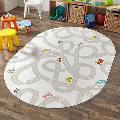 Image of LIVEBOX Grey Car Rug for Playroom, 5'X7' Kids Play Mat for Boys and Girls, Large Road Traffice Rugs for Nursery, Washable Kids Rug Non-Slip Toy Car Mat for Bedroom Toddler Room
