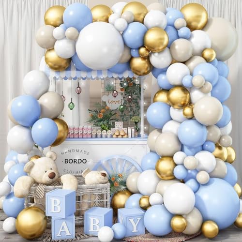 Image of AR Giftzadda Retro Sand White Blue Gold Balloons 77 pcs Pastel Blue Gold and Sandwhite Balloons Garland Kit for Welcome Baby Wedding Birthday Anniversary Party Decorations (DP 5)