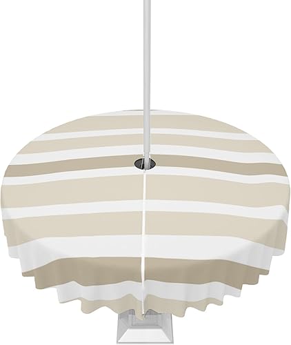 Mantel para exteriores con agujero para sombrilla y cremallera, a rayas blancas beige y blancas, manteles redondos para exteriores, 54 pulgadas,