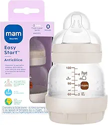 MAM Baby 1 Mamadeira Easy Start 130ml Anticólica e Menos Bolhas de Ar, para Crianças 0+ Meses Autoesterilizável e com Bico de Silicone Skinsoft, Neutra