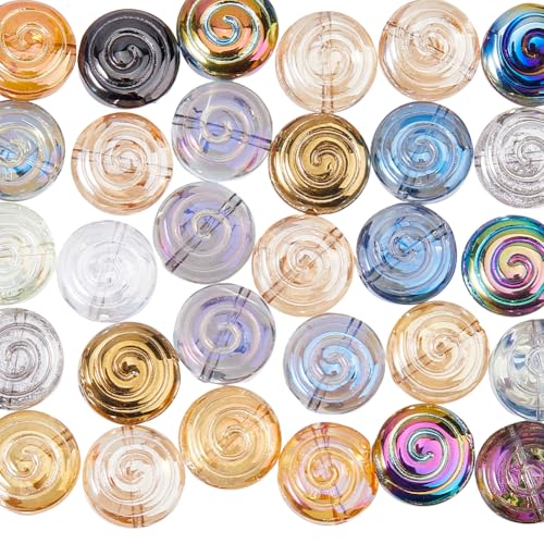 Hobbspring 50Pcs Rainbow Color Electroplate Spacer Beads Flat Round Stripe Glass Beads Transparent Millefiori Beads Snail Shell Beads for Necklace Bracelet Jewelry Making DIY