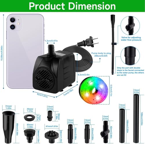 Image of 15W 800L /H Submersible Pond Fountain Pump with LED Lights, Adjustable Quiet Water Pump, Pond Fountain Pumps for Water Feature, Garden, Aquarium Fish Tank with 3 Type Nozzles