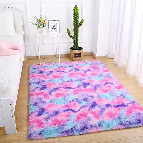 Arogan Soft Rainbow Area Rugs For Girls Room 3X5 Feet, Fluffy Girls Bedroom Rugs, Princess Rug, Cute Colorful Carpet For Kids Teens Nursery Toddler, Purple #TOP7