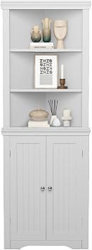 JUMMICO Corner Cabinet Corner Bathroom Cabinet with 2 Doors and 3 Tier Shelves Free Standing Corner Storage Cabinet for Bathroom, Living Room, Bedroom or Kitchen White