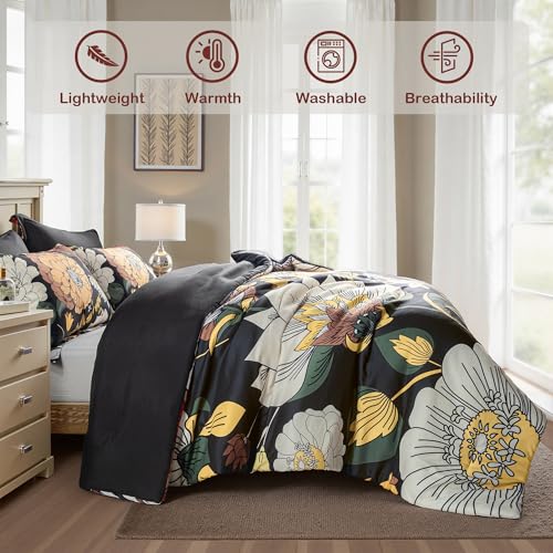 Tyrot Black Boho Floral King Comforter Set - 3 Piece Farmhouse Botanical Bedding Comforter Sets for All Season Soft Lightweight Mid Century Bed Set, (1 Reversible Comforter and 2 Pillow Shams by Tyrot - Used condition - Image 5