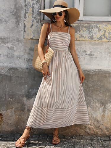 Image of Caracilia Womens Maxi Dresses Gingham Spaghetti Strap Back Smocked Flowy Long Sundress Summer Beach Vacation Clothes 2026
