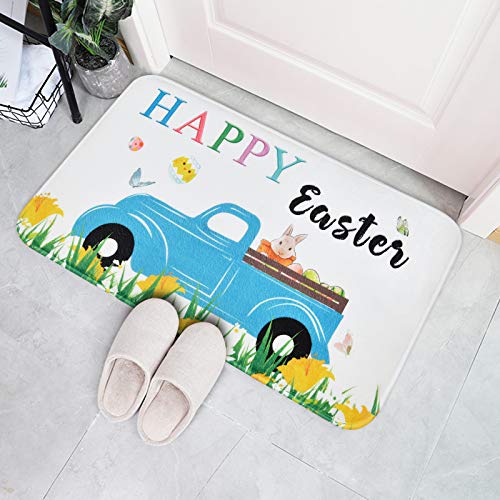 Easter Bunny Area Rug, Flowers Rabbit Doormat, Spring Floral Butterfly Flannel Indoor Floor Mats, Eggs Truck Soft Rug For Bedroom Living Room Decoration Gift, 18 X 30 Inch #TOP1