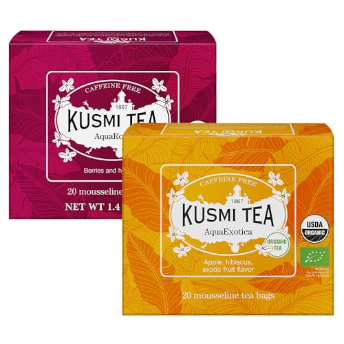 Kusmi Tea - 2er Pack - AquaExotica + AquaRosa - Hibiskus-Früchtetee mit Apfel, Hagebutte, schwarzen Beeren - Bio-Früchtetee ohne Theine - Heiß oder als Eistee genießen - 2x20 Teebeutel
