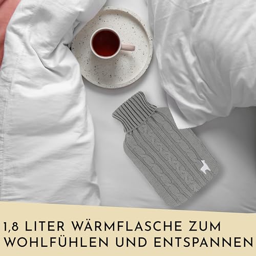Nordstern Premium Wärmflasche mit weichem Strickbezug – Auslaufsichere Wärmeflasche zur Schmerzlinderung, Bettflasche aus Naturkautschuk für Kinder und Erwachsene – Grau