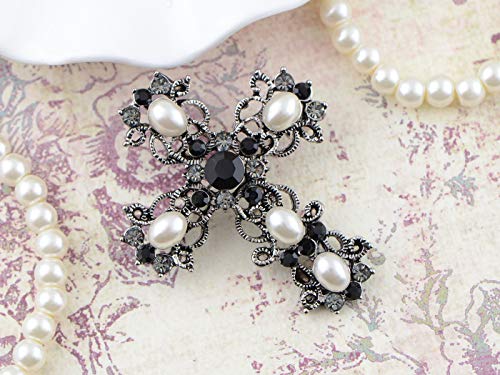 Alilang Antique Gunmetal Tone Faux Pearls Black Rhinestones Pastel Holy Cross Brooch Pin Pendent2