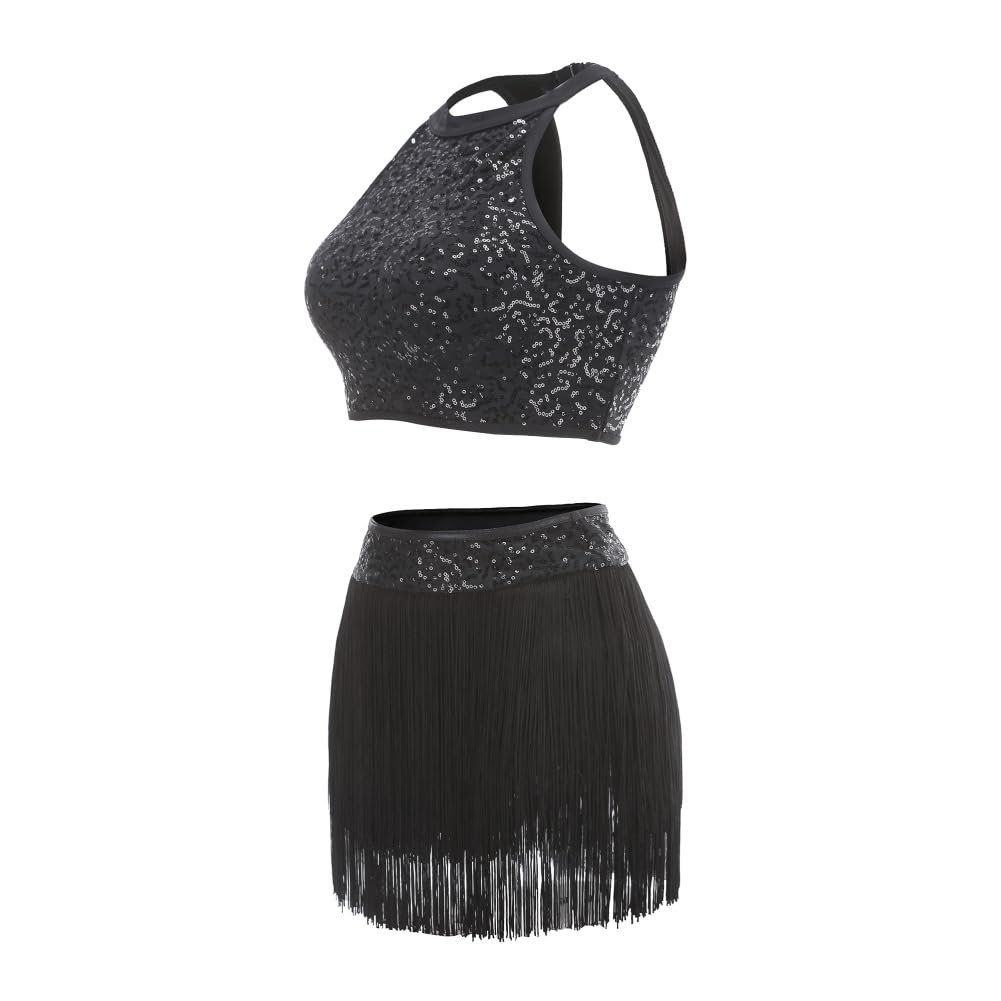 Valcatch Belly Latin Dance Dress for Womens Girls Sleeveless Sequins Crop Top + Glitter Fringe Skirt 2 Piece Outfits Black