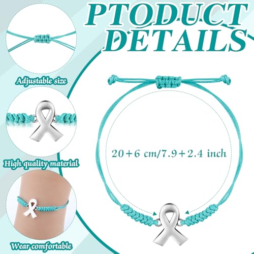 Sasylvia 20/50 Pcs Ovarian Cancer Awareness Bracelets Adjustable Cord Teal Ribbon Braided Bracelets Inspirational Ovarian Cancer Gifts for Women Jewelry Accessories3