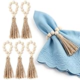 6PCS Napkin Rings, Wooden Bead Napkin Holders for Cloth Napkins, Stretchable Boho Napkins Rings Rustic Twine Rattan Design with Tassel for Farmhouse Thanksgiving Fall Spring Decor