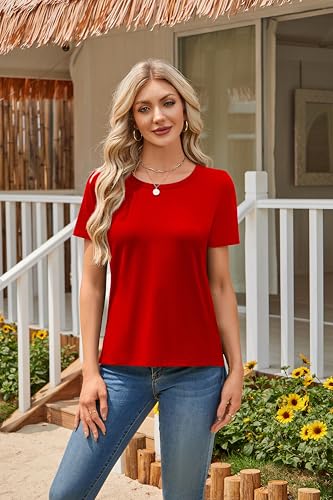 Herou Women's Short Sleeve T-Shirt - Crew Neck Causal Plain Workout High Low Tops for Women Bright Red X-Large — view 2