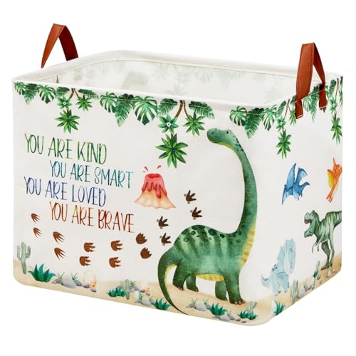 Image of Dinosaur Nursery Decor Baby Gift Basket with Inspirational Quotes Large Kid Storage Chest Trunk Woodland Stone Volcano Book Shelf Basket Collapsible Clothes Toy Bin for Baby Rectangle Hamper,36L
