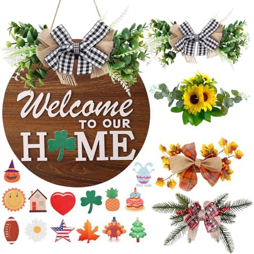 Interchangeable Welcome Sign for Front Door with 4 Seasonal Wreat...