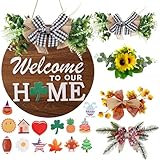 Interchangeable Welcome Sign for Front Door with 4 Seasonal Wreaths and 14 Changeable Icons, Farmhouse Front Door Signs, Door Decoration Porch Decor, Seasonal Wooden Home Sign home décor (6wood)
