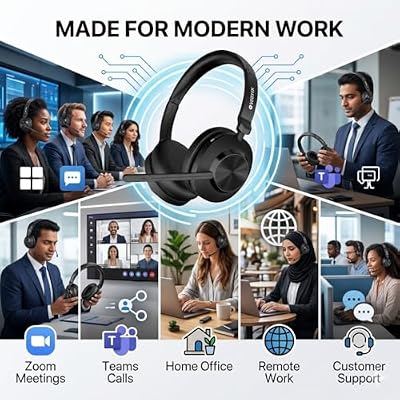 Wireless Headset with Mic for Work, Wireless Computer Headset (Bluetooth+USB Dongle) with Noise Cancelling Mic & Mute Button, Long Battery Life for Work, Zoom, Teams, Online Meetings, Home Office